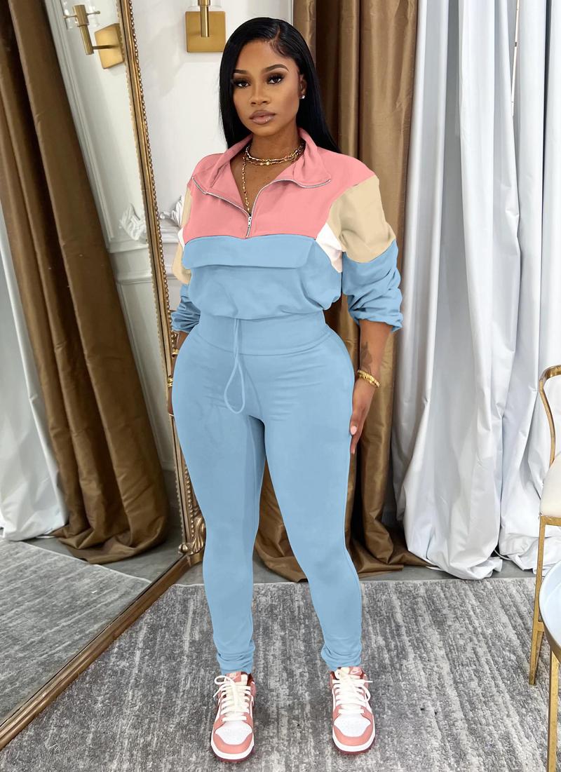 USBoutique Chic Women's Two Piece Outfits Knit Zip Top Jacket & Elastic Waistband Pant Tracksuit Sets 2-piece Pink Blue Colorblock