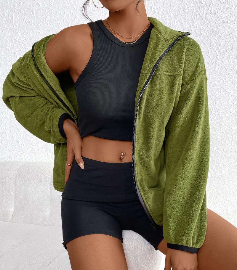 BTFBM Women's Zip Up Baggy Basic Fleece Jacket with Stand Collar and Pockets for Fall and Winter - Womenswear, Tops