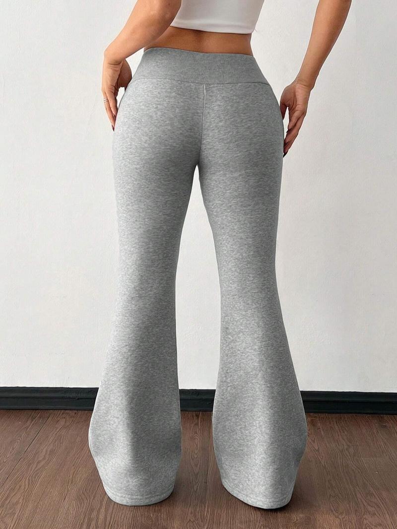 Women's Casual Low Waist Drawstring Elastic Sports Pants, Warm Thermal Lining, Suitable for Autumn Winter, Flare Leg Design, Sports Bottoms