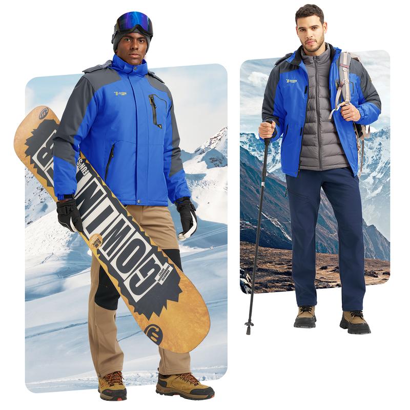 GOPUNE Men's Ski Snow Jacket Waterproof Insulated Fleece Outdoor Mountain Hooded Winter Coat Sporty Breathable Outerwear big tall men clothing Size up to XXXXL