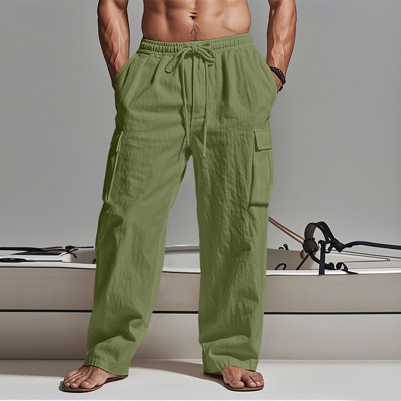 Men's Cargo Pants Trousers Summer Pants Beach Pants Gauze Pants Drawstring Elastic Waist Multi Pocket Plain Comfort Breathable Outdoor Daily Holiday Fashion Classic Style Black White 2025 - HK $181.2 –P8