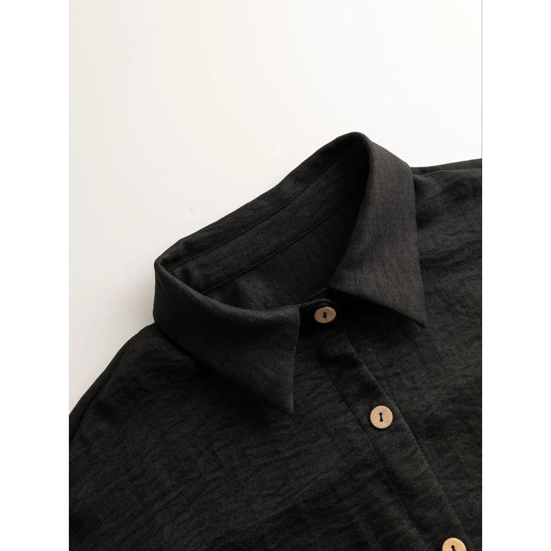 Women's Solid Button Front Shirt & Tie Front Wide Leg Pants Two-piece Set, Casual Drop Shoulder Long Sleeve Blouse Top & Trousers 2 Piece Set for Spring & Fall, Women's Clothes for Daily Wear Womenswear Suits Apricot Basic Minimalist