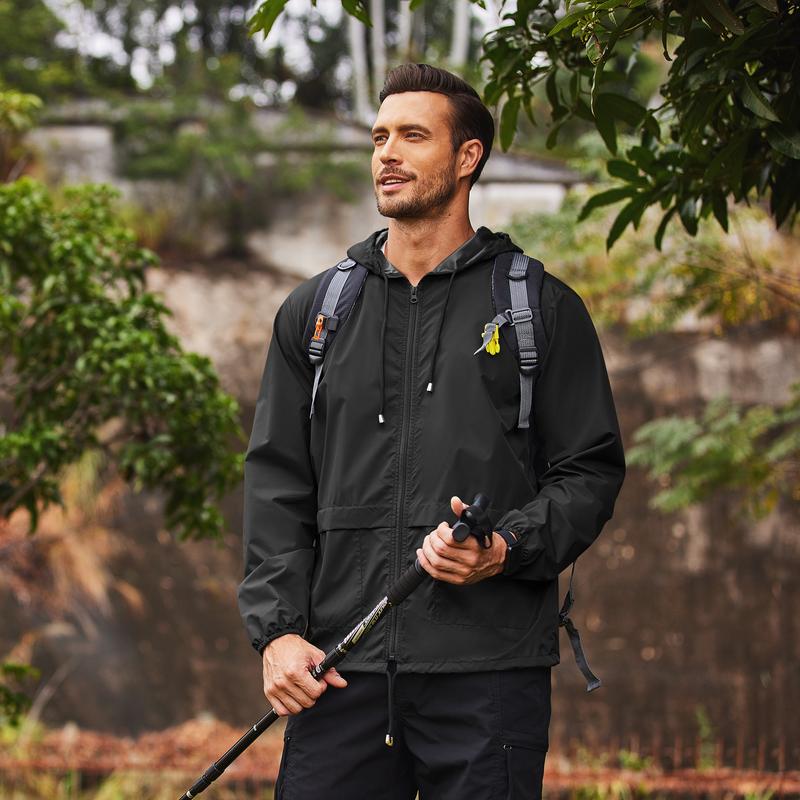 Men's Packable B Rain Jacket Outdoor Waterproof Hooded Lightweight Classic Cycling Raincoat - For Hiking/Outdoor/Camping Fabric Menswear Zipper Breathable Relaxed Fit Long Sleeve Tops