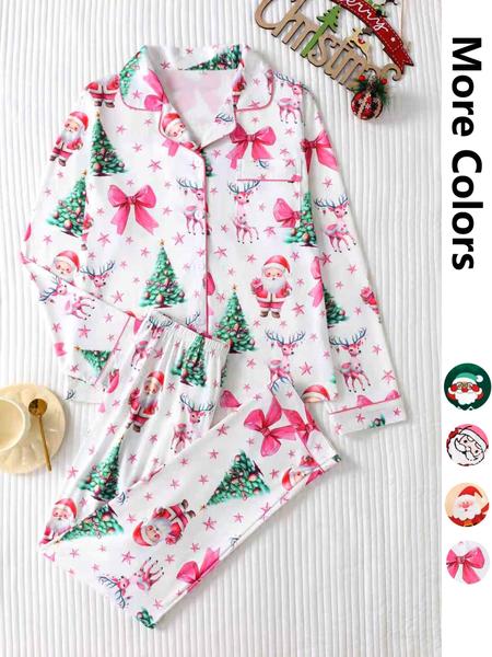Two-piece Set Women's Christmas Print Button Front Pocket Shirt & Elastic Waist Pants Pyjama, Casual Comfy Long Sleeve Collared Top & Trousers Pyjama Set, Women's Sleepwear for Spring & Fall