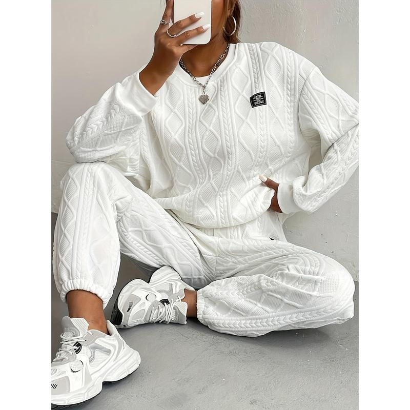 2026Women's Cozy Textured Pants Set - Soft Long Sleeve Crew Neck Sweatshirt, Comfortable Jogger Sweatpants Outfit, Casual Wear Daily Life, Suits Chic Womenswear Clothes Polyester2026