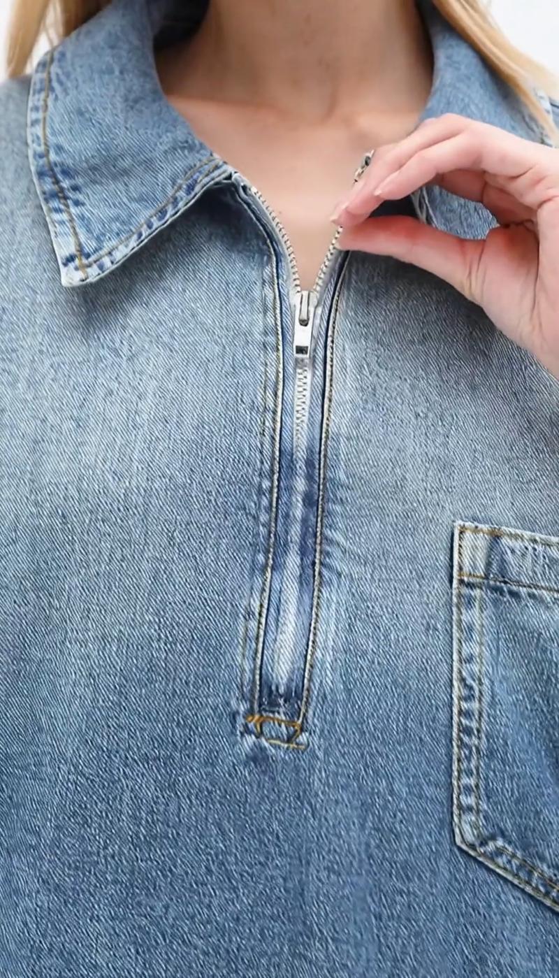 Elengatine Women's Denim Dress Half-Zip Collared Design Vintage Washed Blue Loose Fit Long Sleeve One Chest Pocket Trendy Casual Top Perfect for Daily Wear & Street Style Looks Short Womenswear Zipper Cowboy - Polo