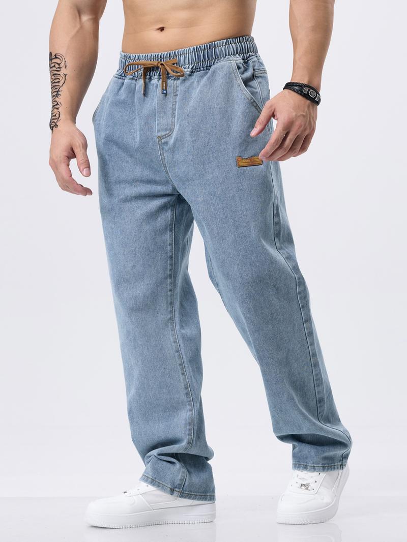 Men's drawstring elastic waist washed and distressed loose straight-leg jeans, non-stretchy denim pants, comfortable and loose fit. Suitable for daily casual wear, urban gatherings, and weekend fashion looks. A must-have trendy men's pants 🔥