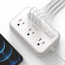 Extension Cord Flat Plug 6 Outlets Indoor Desk Charging Station, Compact for Travel, Cruise