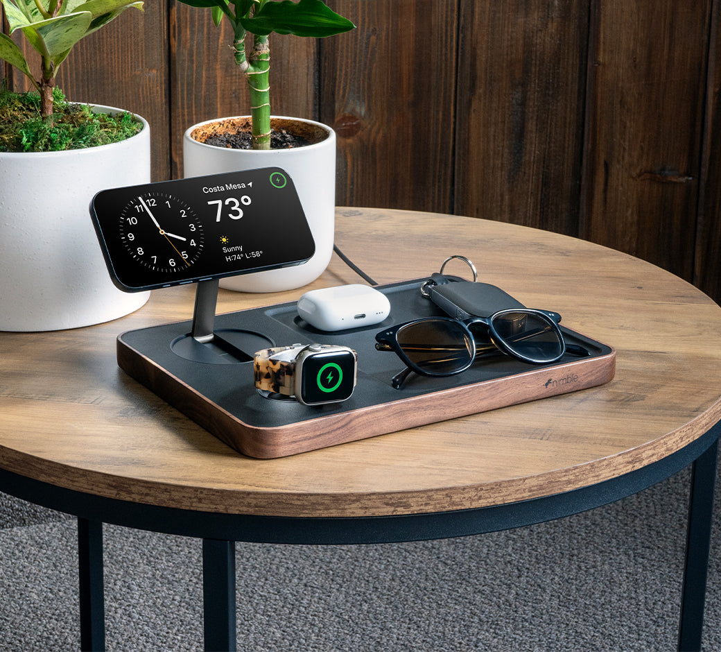 Dual wireless charger for phone and watch on desk.