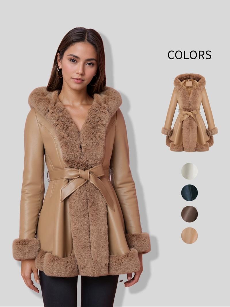 Women's Fall Winter Faux Leather Jacket with Detachable Belt, Long Sleeve Fitted Coat with Hood, Casual Warm Daily Wear
