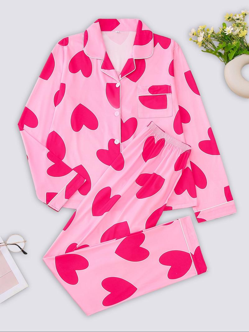 Two-piece Set Women's Bow Print Button Front Pocket Shirt & Elastic Waist Pants Pajama, Casual Comfy Long Sleeve Lapel Neck Top & Trousers Pj Set, Ladies Sleepwear for Spring & Fall
