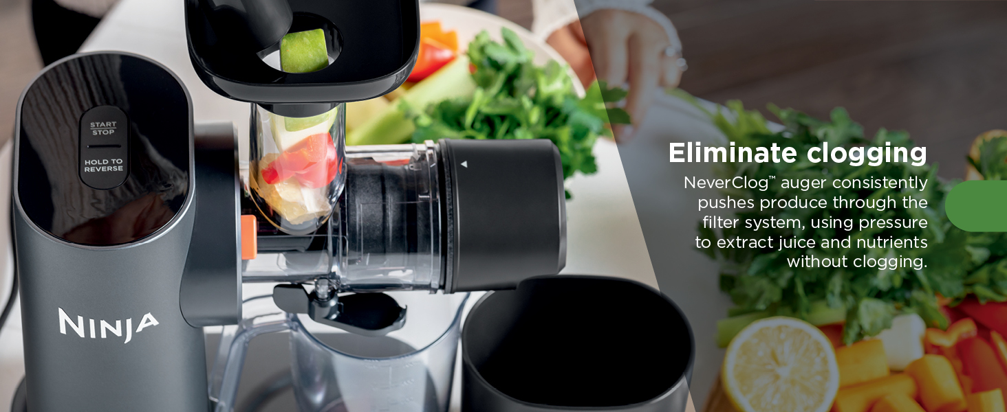 Eliminate clogging NeverClog auger consistently pushes produce through the filter system