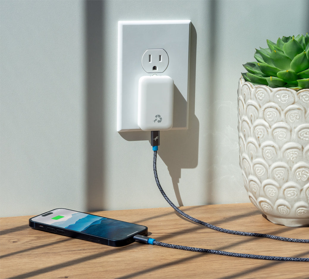 White charger plugged in, charging a phone on a table with a plant nearby.