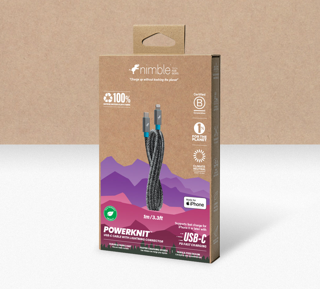 Packaging of Nimble PowerKnit USB-C to USB-C charging cable, eco-friendly design.