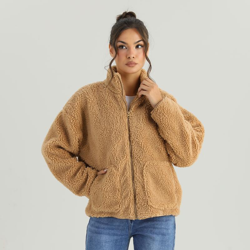 KatchMe Women's Cozy Mock Neck Side Pocket Zipper Fluffy Long Sleeve Outerwear, Versatile Faux Fur Fleece Coat for Fall & Winter, Comfort Solid Color Outfit（2）