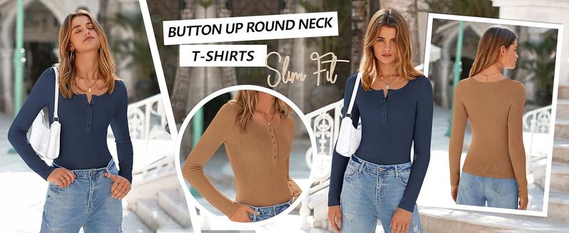 PrettyGarden Women's Fall Long Sleeve Henley T Shirts Button Ribbed Knit Slim Fit Casual Basic Tops Blouse