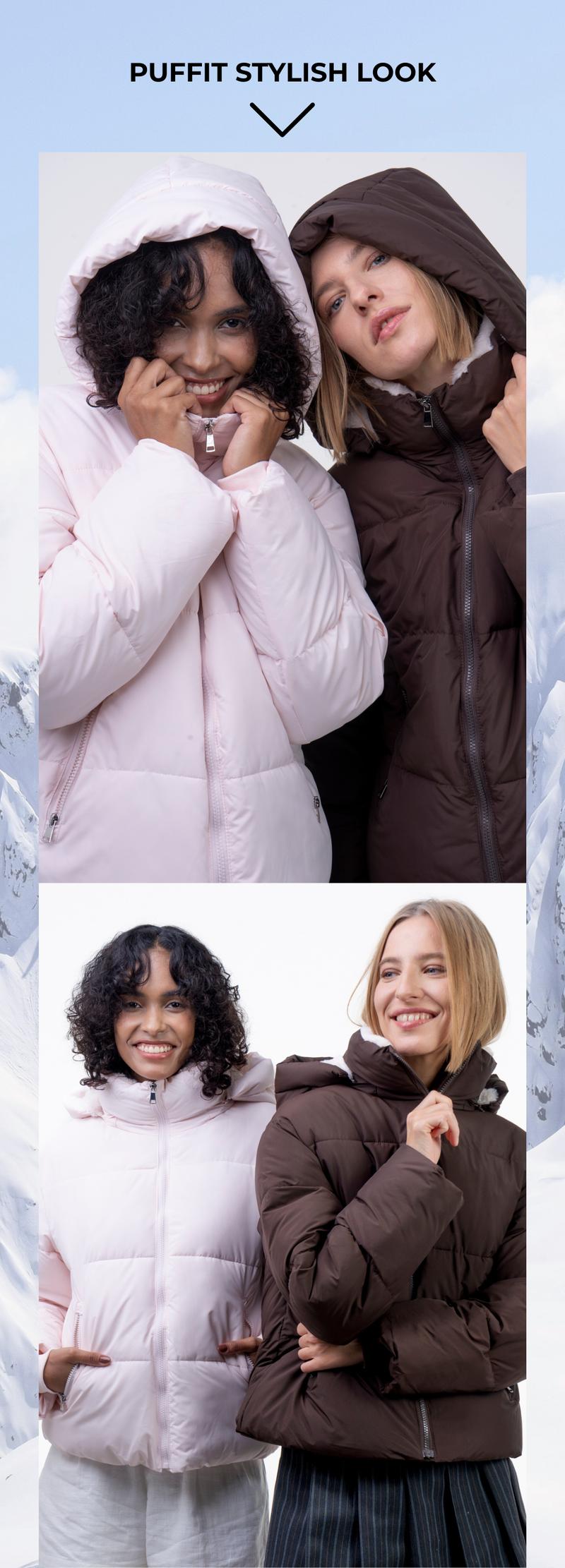 PUFFIT WarmCore Premium Short Puffer Jackets with Removable Hood & Optional Faux Fur Linging, Lady Casual Outerwear Longsleeves Zip Pockets Warm Quilted Coat
