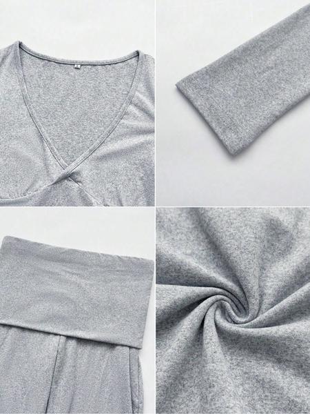 Elegant Casual V-Neck Long Sleeve Two-Piece Set, Slim-Fit Crop Top & Pants for Fall Winter, Moderate Fabric, Plain Color Design