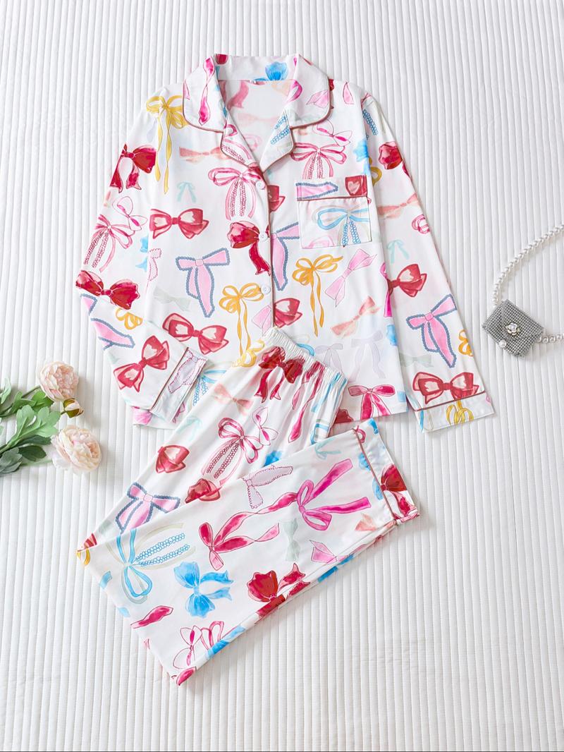 Two-piece Set Women's Bow Print Button Front Pocket Shirt & Elastic Waist Pants Pajama, Casual Comfy Long Sleeve Lapel Neck Top & Trousers Pj Set, Ladies Sleepwear for Spring & Fall