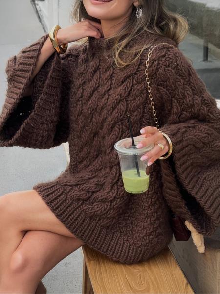 Women's Casual Loose-Fit Sweater, Round Neck Long Sleeve Knitted Top, Fall & Winter Fashion, Daily Wear, Plain Color Knitwear