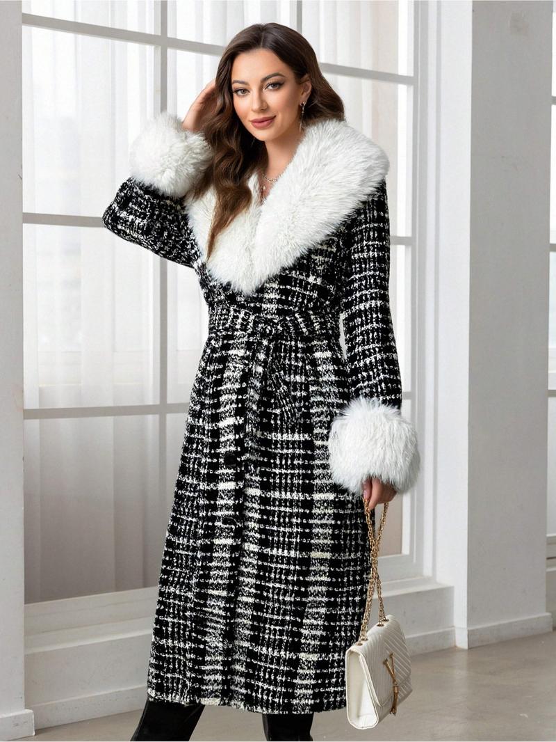 Women's Fall Winter Mid-Length Plain Woolen Coat, Warm Fitted Jacket with Fur Collar, Waist Belt & Pockets, Casual Style