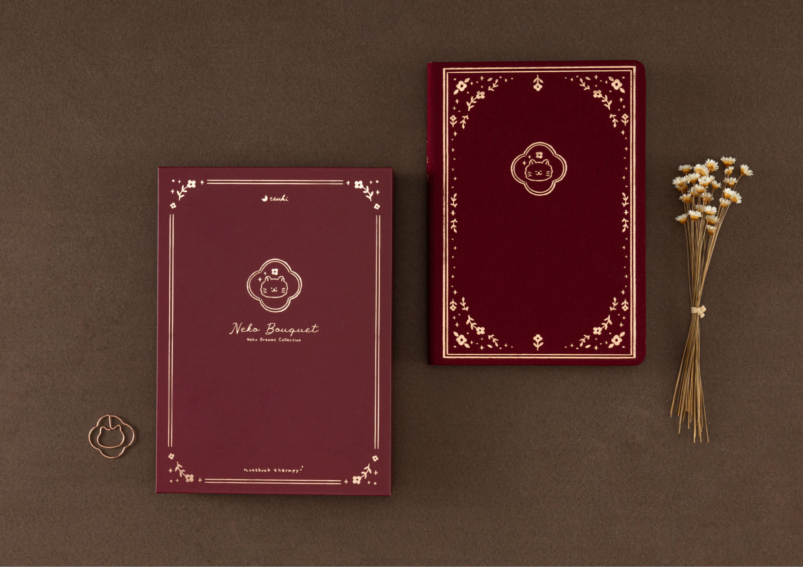 Tsuki Neko Dreams Neko Bouquet Notebook with matching burgundy gift box and gold floral cat design.