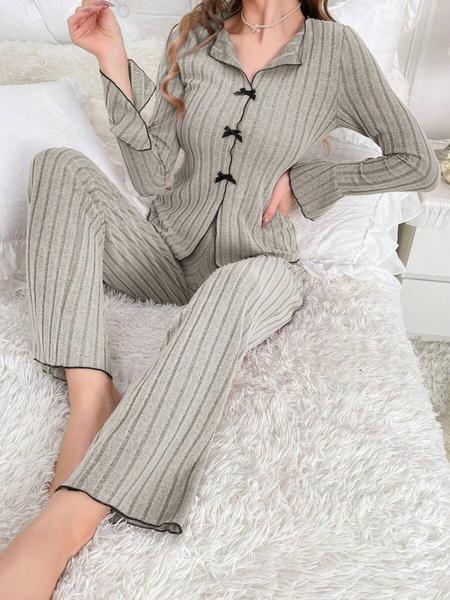 Women's Solid Lettuce Trim Top & Pants Loungewear Two-Piece Set, Casual Comfy Long Sleeve V Neck Top & Trousers PJ Set, Ladies Sleepwear for All Seasons