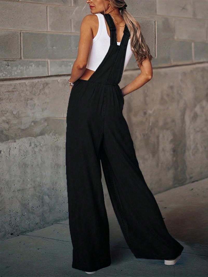 Women's Denim-Effect Print Plicated Wide Leg Overalls Jumpsuit, Minimalist Chic Fashion Casual Pocket Square Neck Overalls Jumpsuit for Daily Outdoor Wear, Ladies Clothes for All Seasons