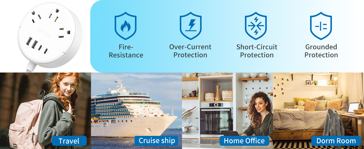 Extension Cord 15 ft Flat Plug Power Strip Outlets 4 USB Ports Outlet Extender Long Cord