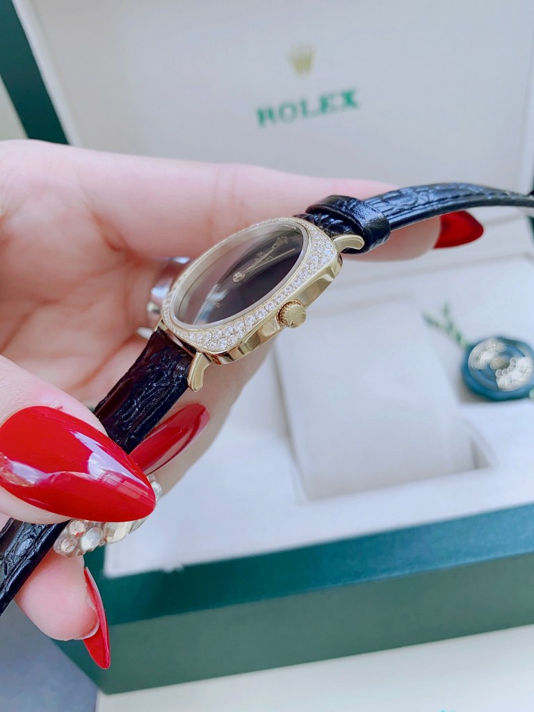 便宜的劳力士切利尼女士腕表，方形表盘，皮表带，镶钻，34毫米（6）