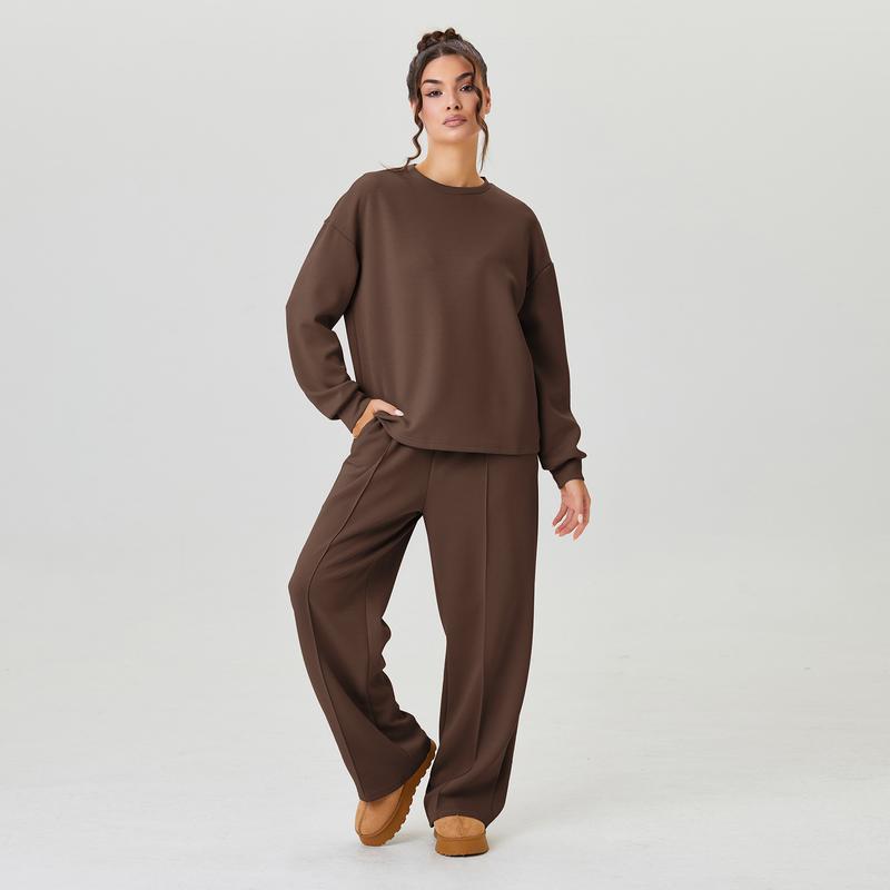 KatchMe Women's Casual Solid Color Loose Long Sleeve Top & Exposed Stitches Trousers Co-ord, Cozy Round Neck Top & Wide Leg Trousers Two Piece Outfits