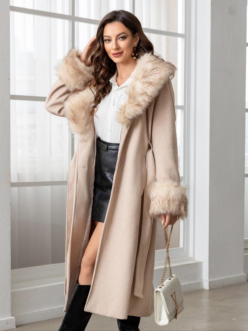 Women's Fall Winter Mid-Length Plain Woolen Coat, Warm Fitted Jacket with Fur Collar, Waist Belt & Pockets, Casual Style