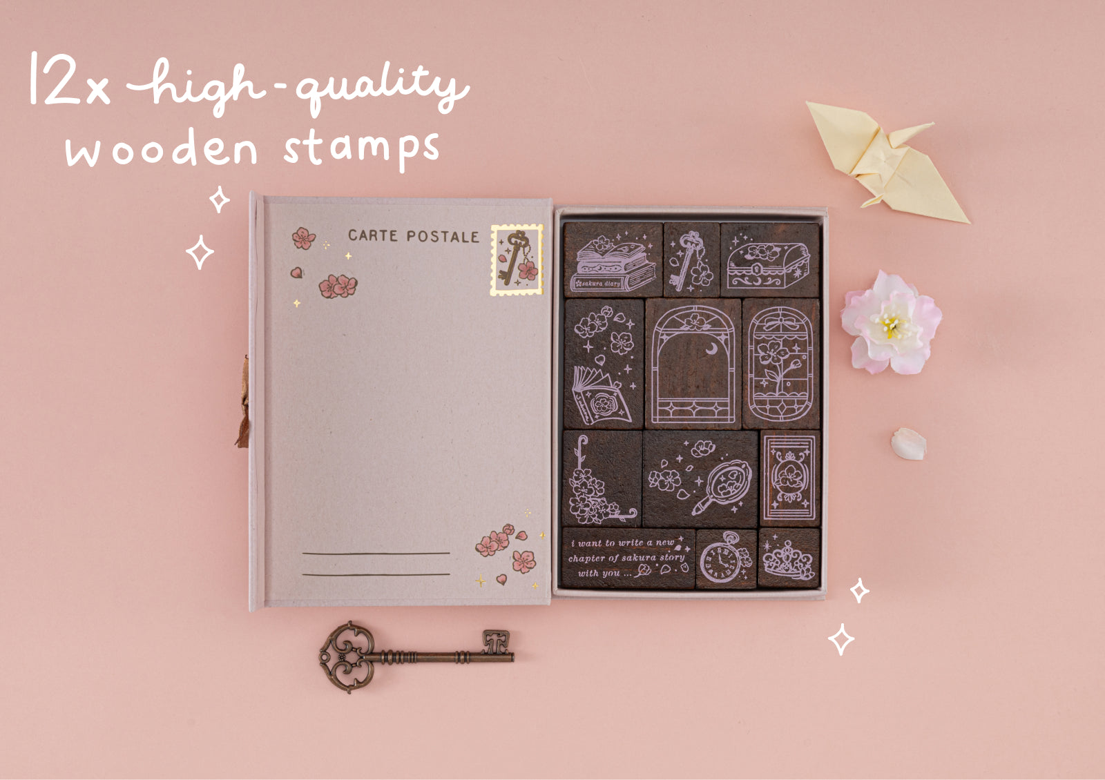 A set of 12 high-quality wooden stamps in a decorative 'Carte Postale' themed storage box.
