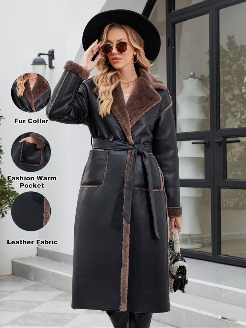 Women's Fall & Winter PU Leather Fur Coat, Thickened Fleece Lined Jacket, Waist Cinching Slimming Warm Outerwear