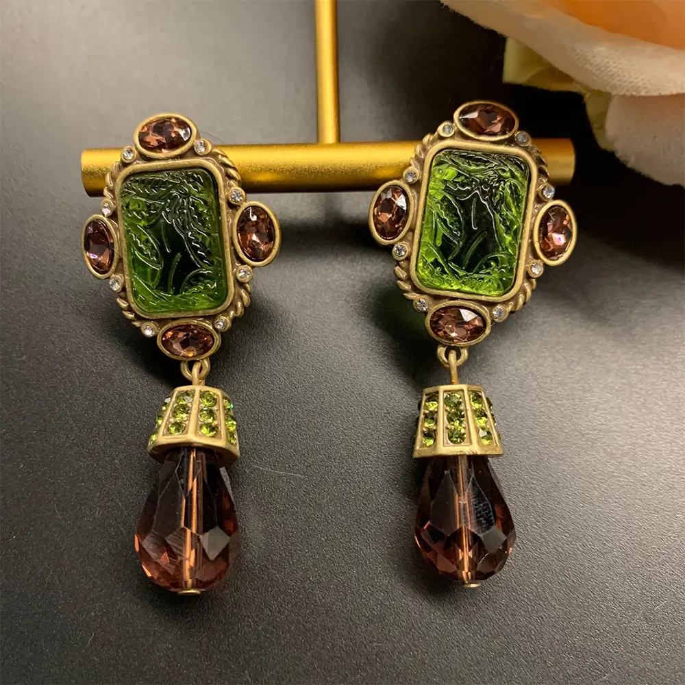 Vintage Carved Crystal Drop Earrings-mysite-KissLila