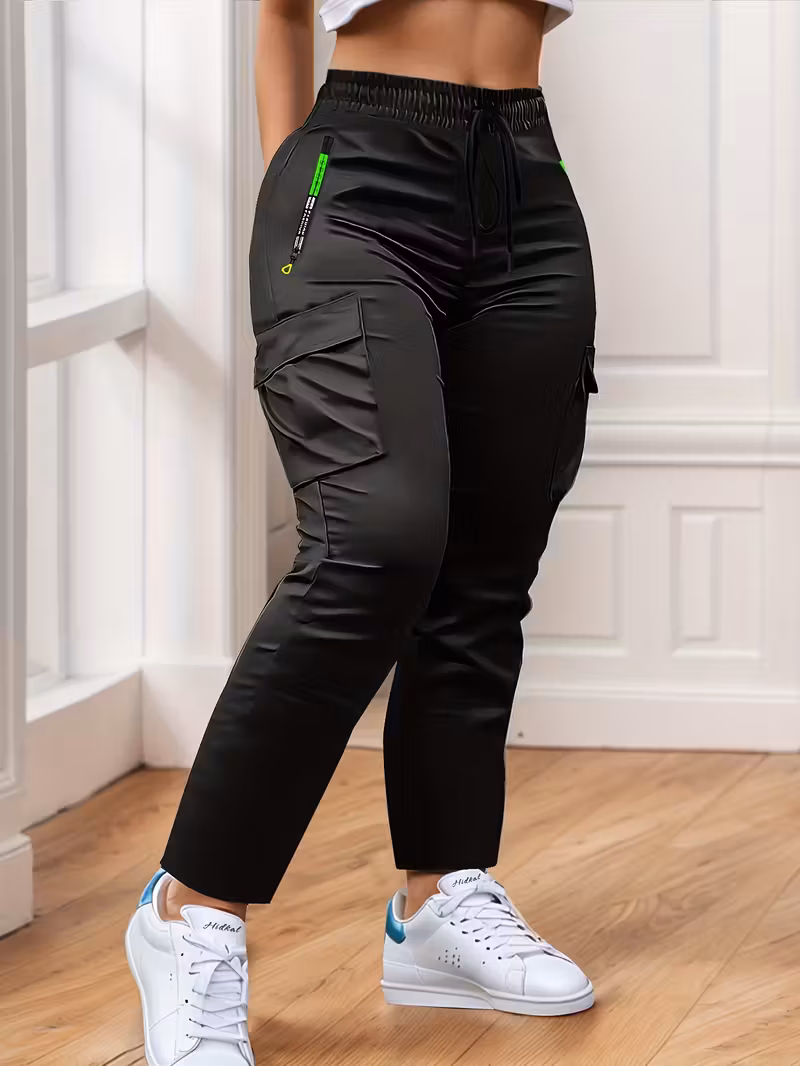 womens multi pocket cargo pants spring autumn thin style with zippered features and straight leg casual trousers for outdoor dates black 0