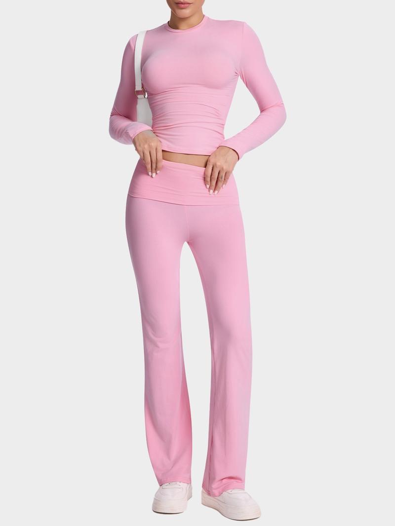 Women's two counts casual slim suit, including waist bell-bottoms and long-sleeved tops, is soft and can be worn outside, and Y2K style is matched with casual fashion.