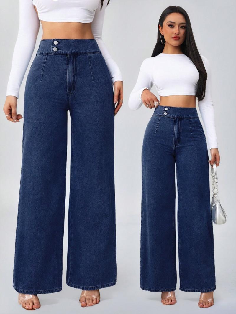 Women's Vintage Elegant High Waist Wide Leg Jeans, Button Front Elastic Waist, Plain Design, Casual Fashion Pants, All Seasons