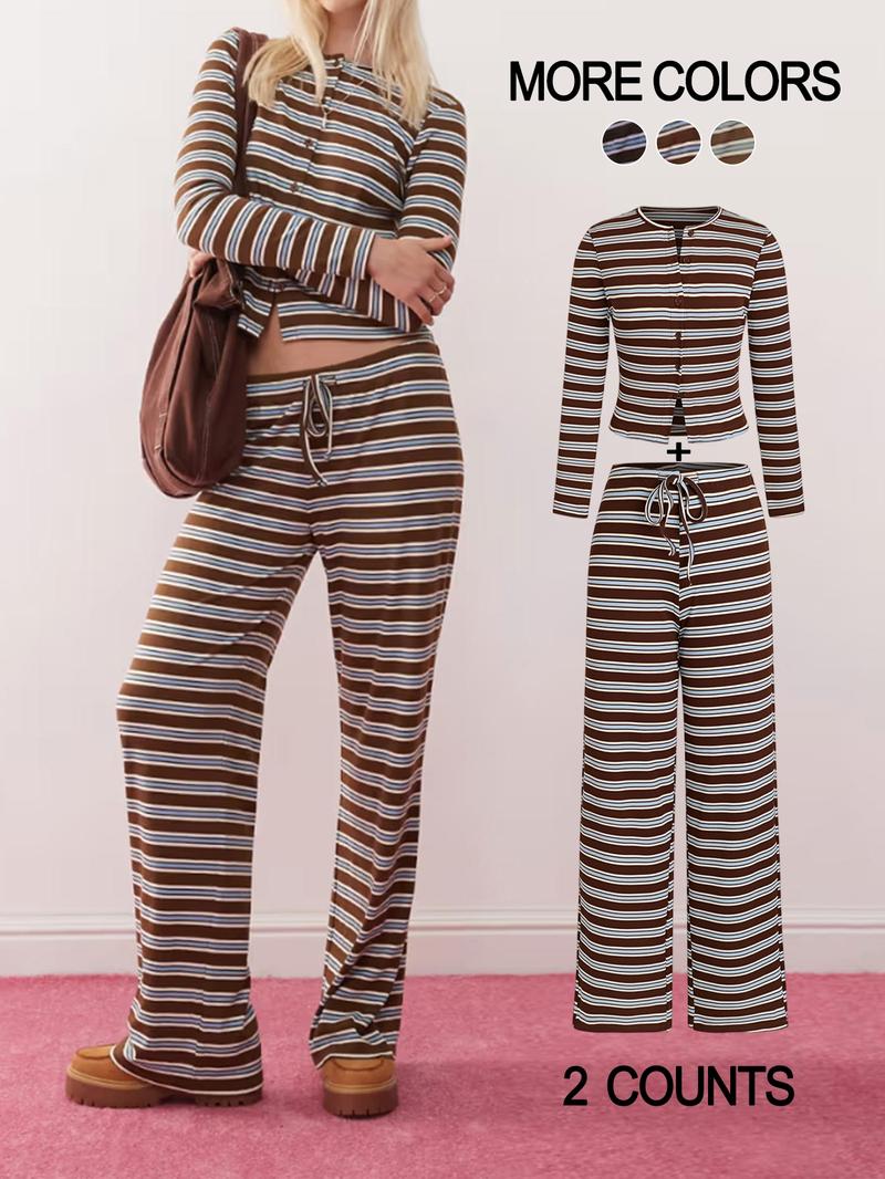 Women's Casual Colorblock Striped Long Sleeve Top & Loose-Fit Pants Set, Perfect for Holidays, Commuting, Daily Wear