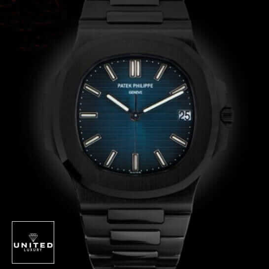 Patek Philippe Black 5711 Replica 2 Patek Philippe Nautilus Blue Dial Front View Replica black background