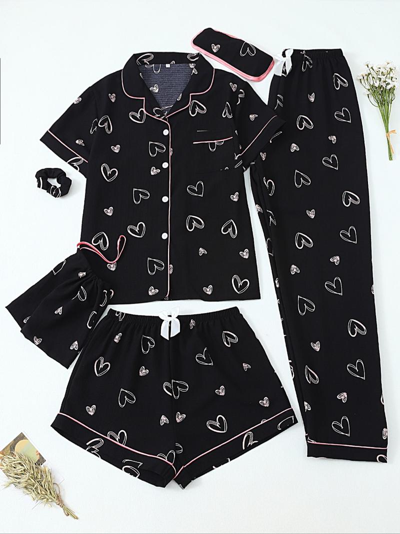 Women's All Over Print Top & Shorts & Pants & Accessories Pyjama Set, Casual Comfy Pj Set, Ladies Sleepwear for All Seasons