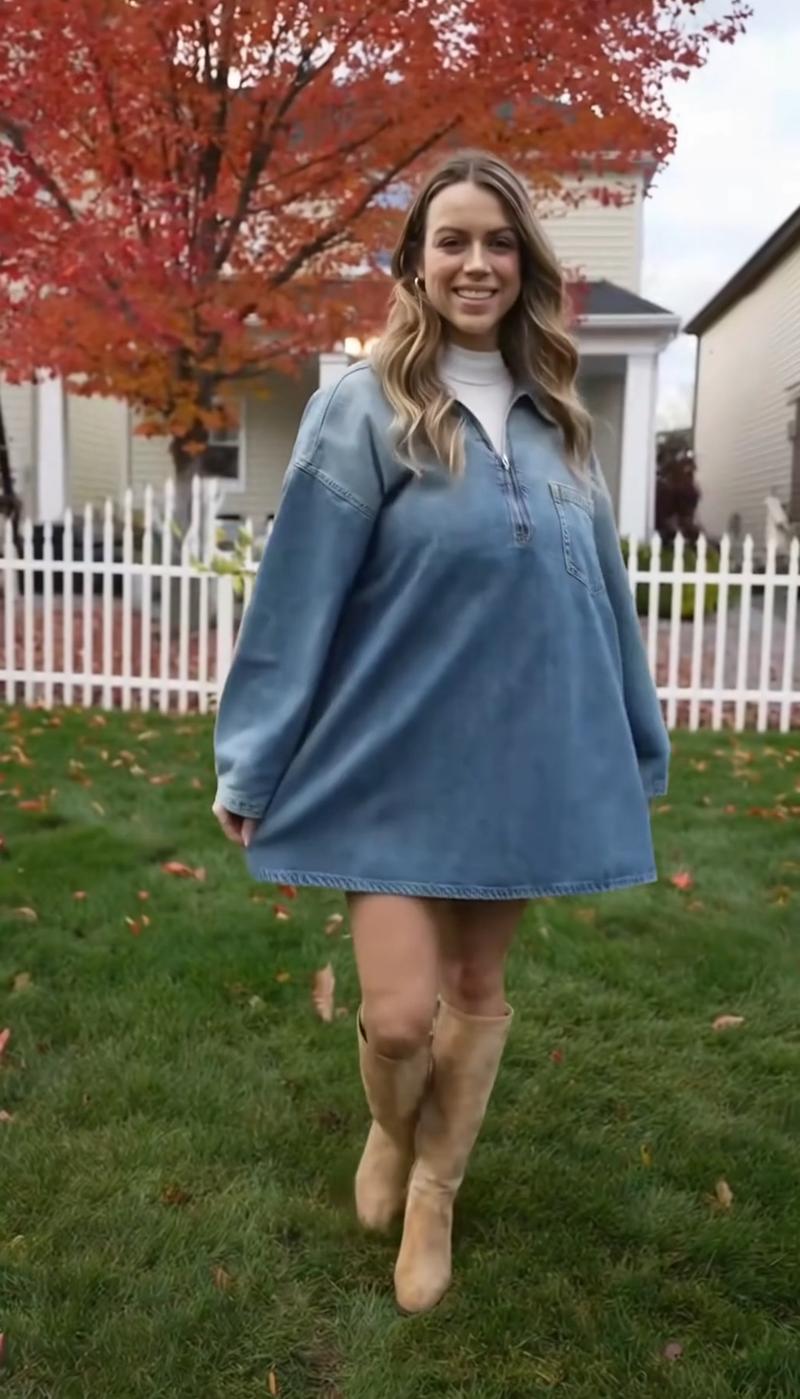 Elengatine Women's Denim Dress Half-Zip Collared Design Vintage Washed Blue Loose Fit Long Sleeve One Chest Pocket Trendy Casual Top Perfect for Daily Wear & Street Style Looks Short Womenswear Zipper Cowboy - Polo