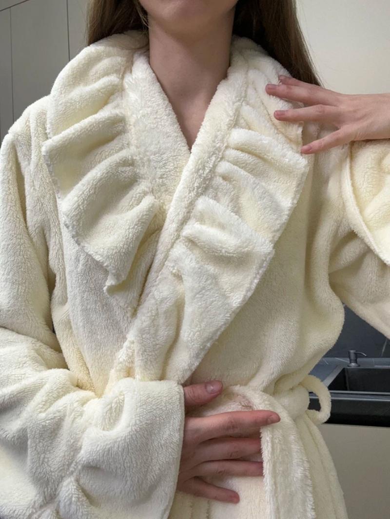 Fall & Winter Fitted Flannel Long Sleeved Robe with Ruffle Hem, Cozy Warmth and Elegant Style, Thick and Soft Layered Bathrobe