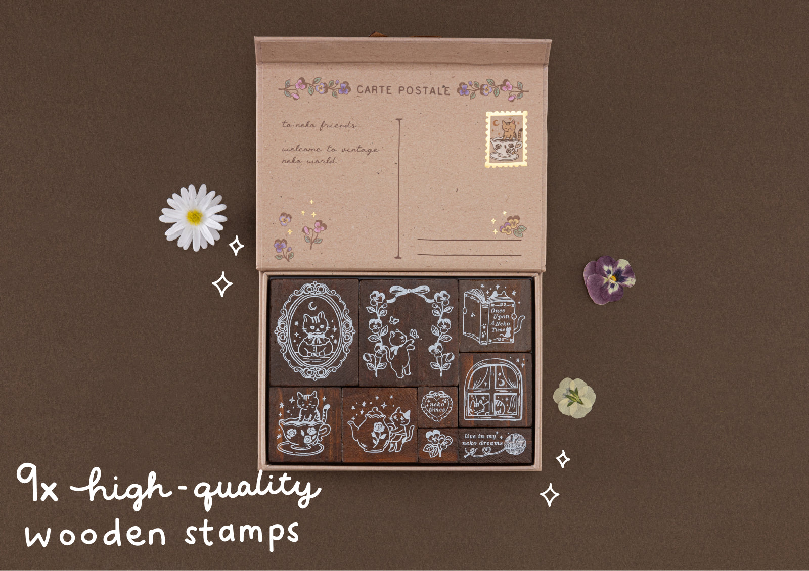 A set of 9 high-quality wooden stamps featuring various cat and floral designs, neatly arranged in a decorative postcard-style kraft box.
