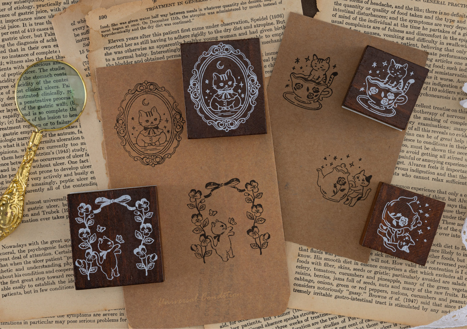 Wooden stamps and their black ink impressions shown on vintage-style kraft paper, creating a classic and nostalgic aesthetic.