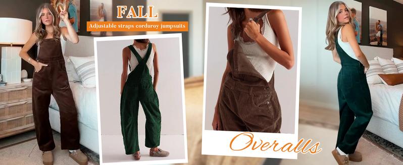 Yeokou Corduroy Overalls for Women Barrel Wide Leg Bib Corduroy Pants Women Adjustable Romper Jumpsuit with Pockets