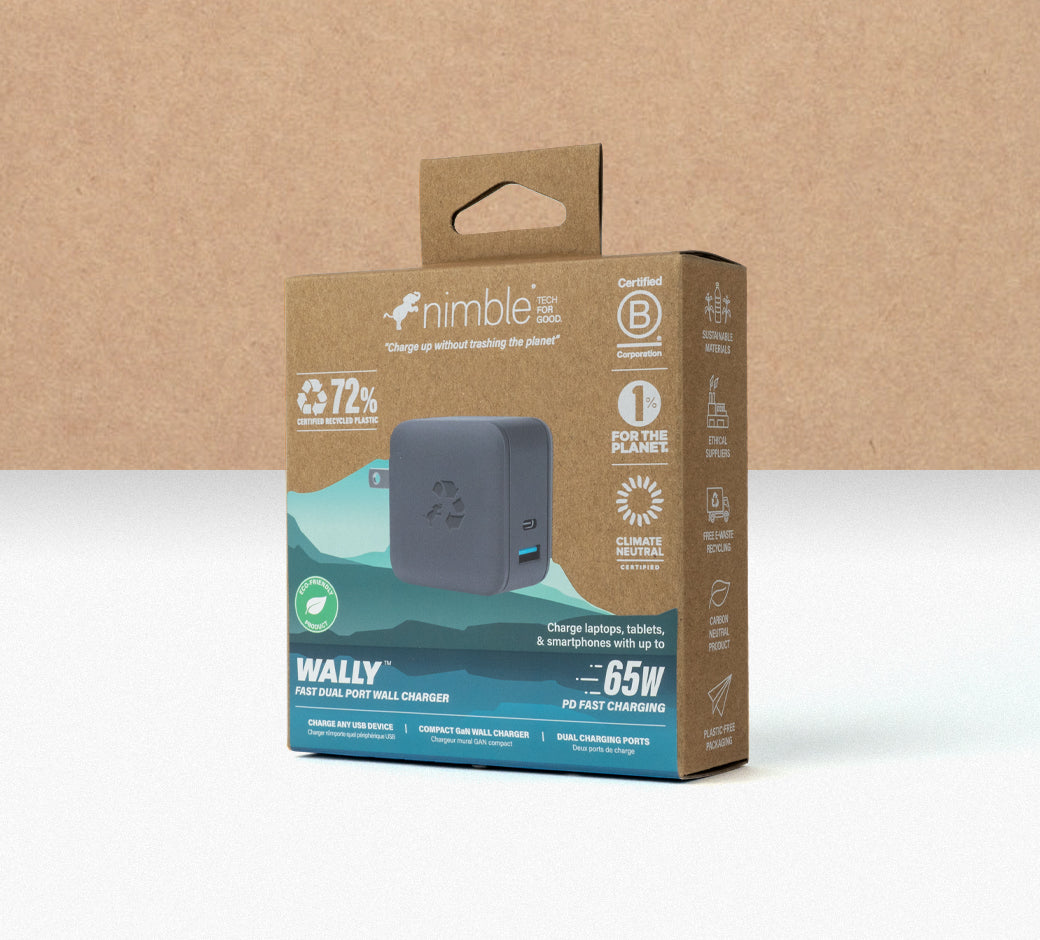 Packaging for a 65W dual-port wall charger made with sustainable and recycled materials.
