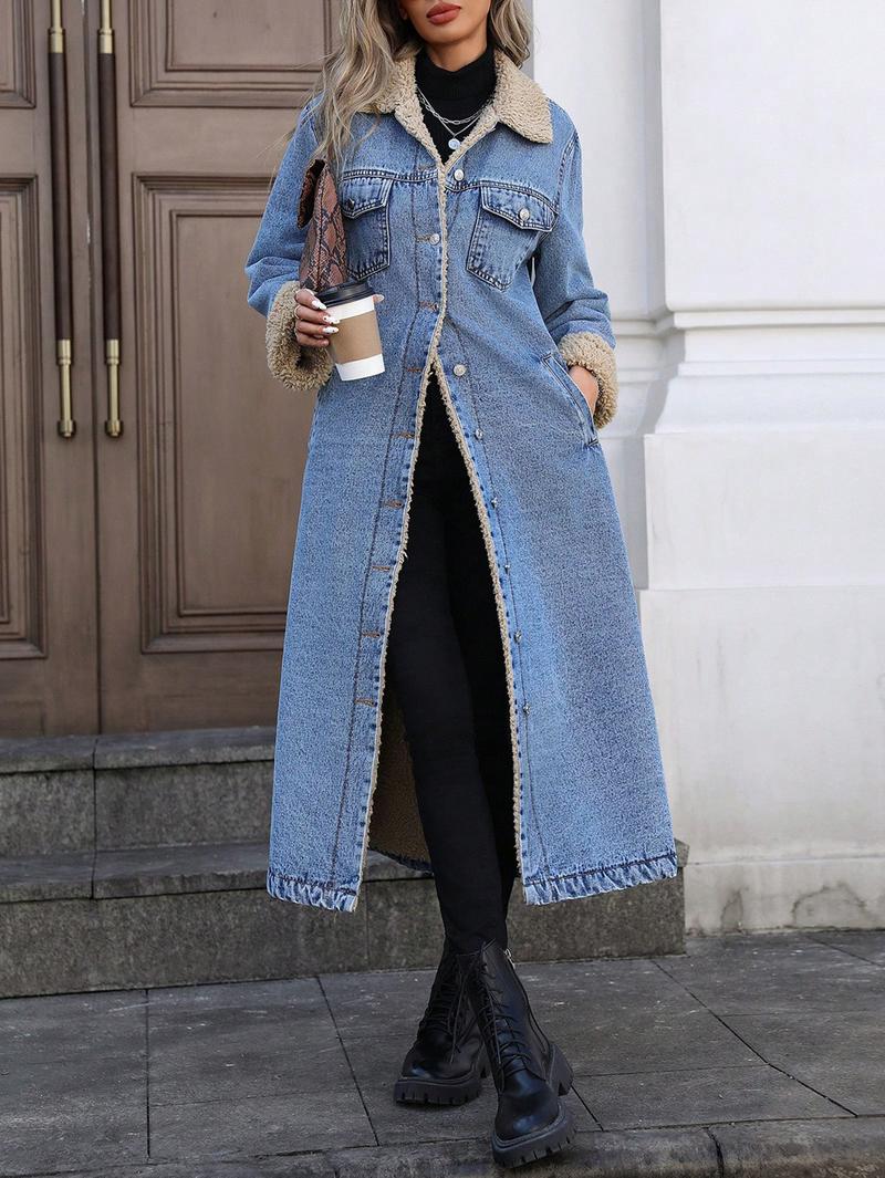 Women's Long Fleece-Lined Denim Jacket, Elegant Single-Breasted Design, Perfect For Winter