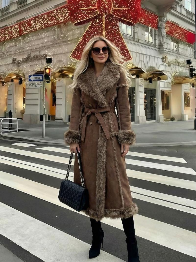 Women's Faux Fur Coat, Autumn Winter Fashionable Long Sleeve Jacket, Elegant Thick Retro Loose Fit Medium-Length Outerwear