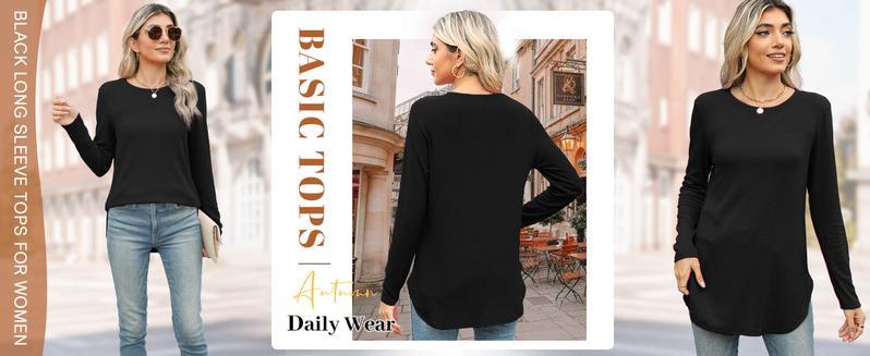 Womens Tunic Tops to Wear with Leggings Long Sleeve Thumb Hole Shirts Crew Neck Curved Hem